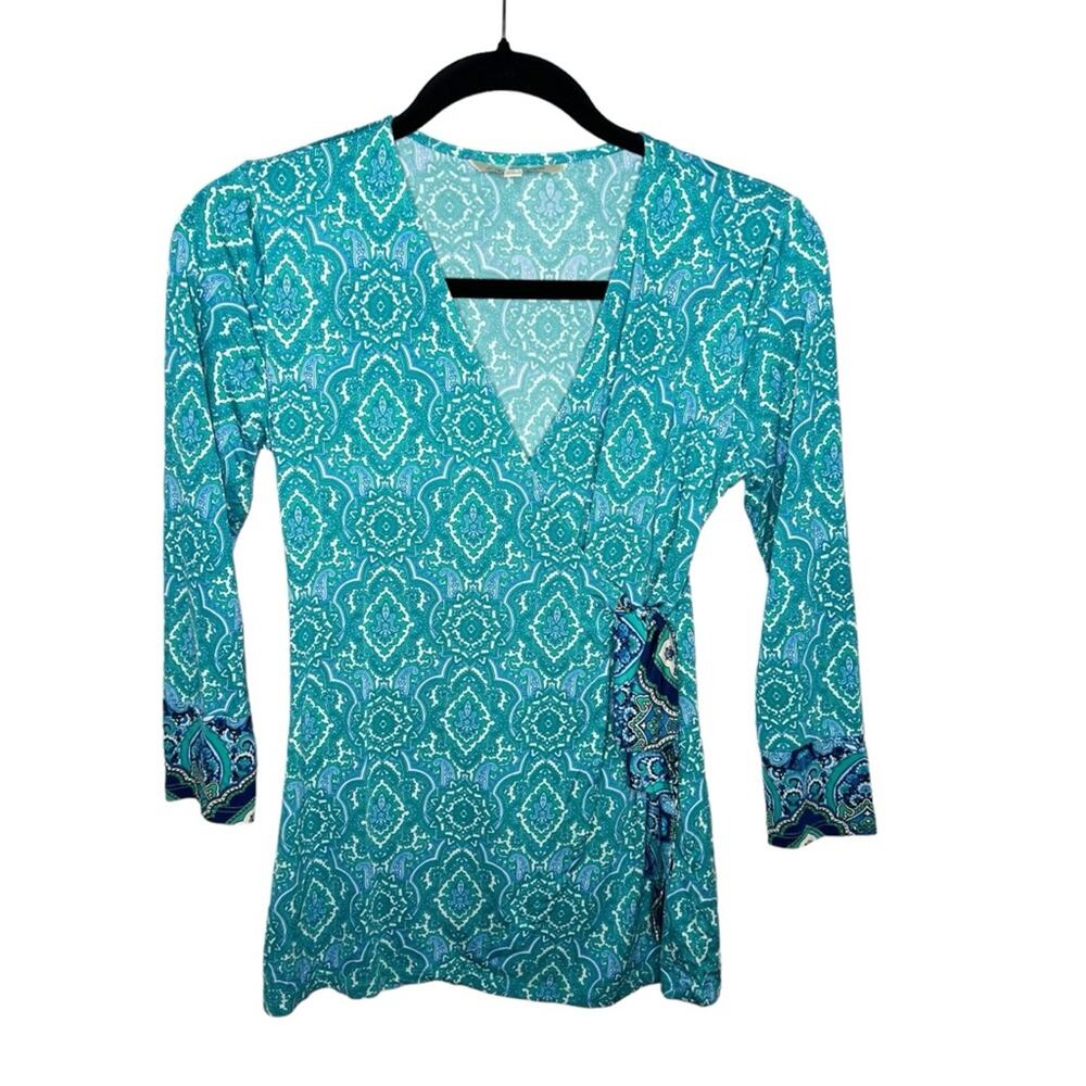 41 HAWTHORN / teal blue floral paisley patterned wrap front blouse / XS